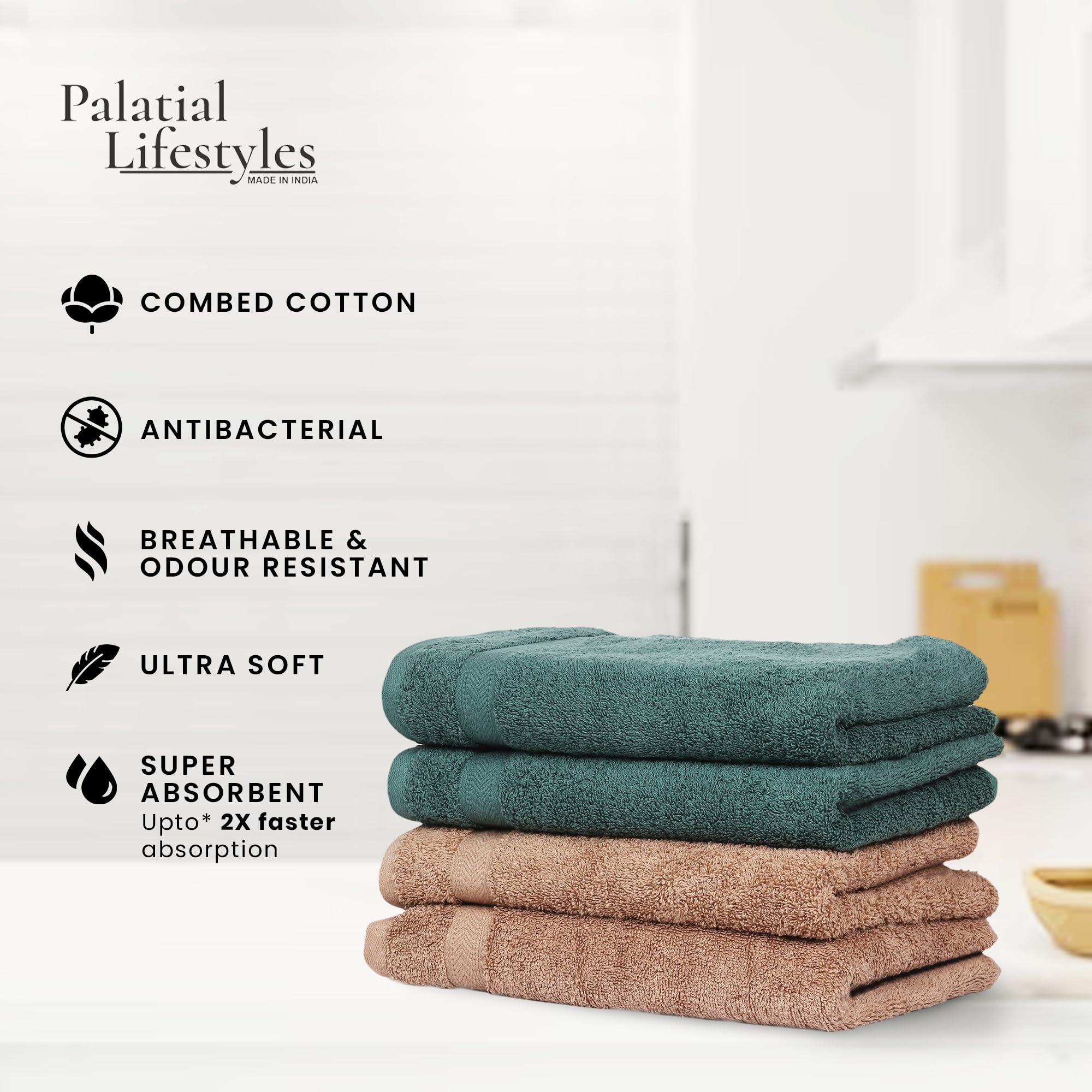 Palatial Lifestyles 500 GSM Hand Towel Set of 4. Combed 100% Cotton Hand Towel, Ultra-Soft & Highly Absorbent Hand Towel for Was